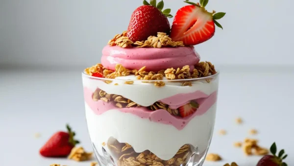 Jogurt grecki z musem truskawkowym i granolą